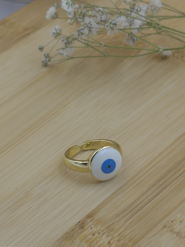 Minimal white base evil eye ring