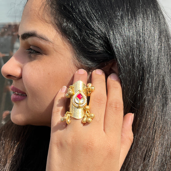 Ghunghroo Platter Red Pachi Kundan Ring