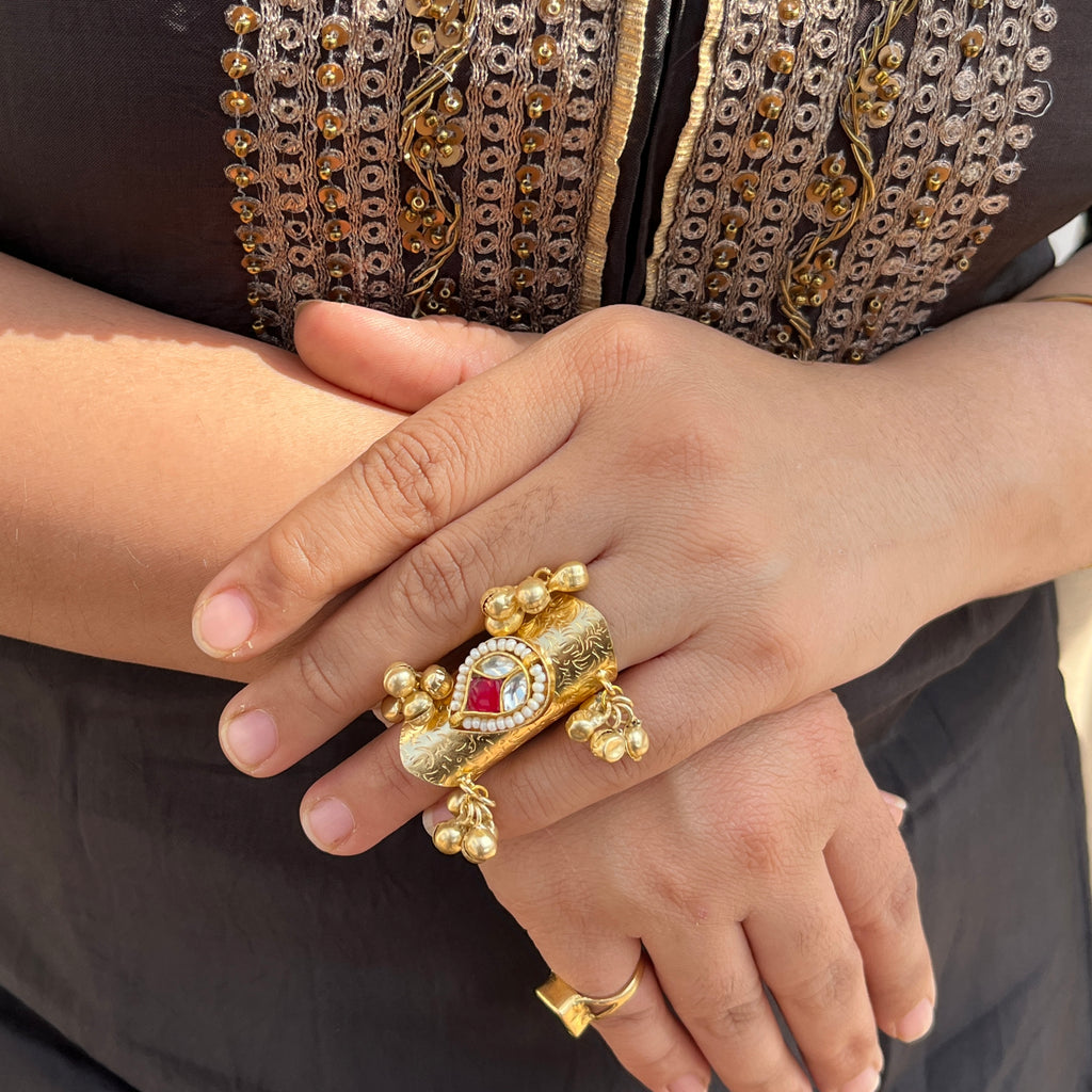 Ghunghroo Platter Red Pachi Kundan Ring
