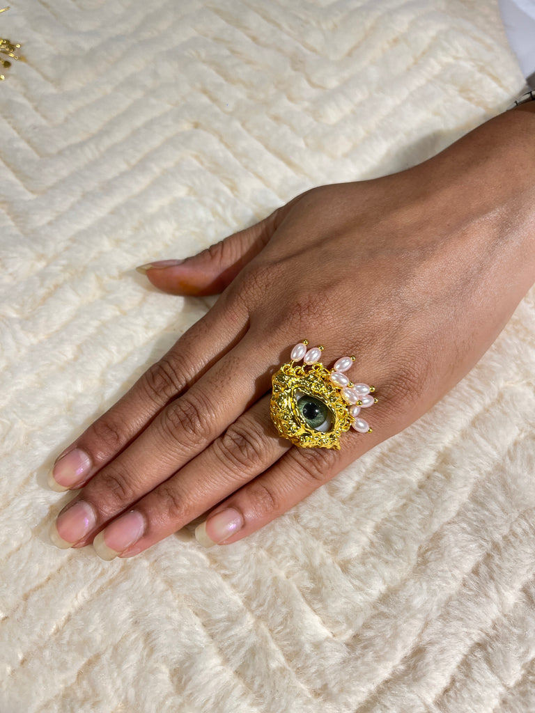 Evil eye chunky pearl ring