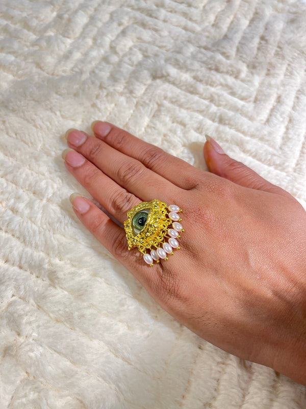 Evil eye chunky pearl ring